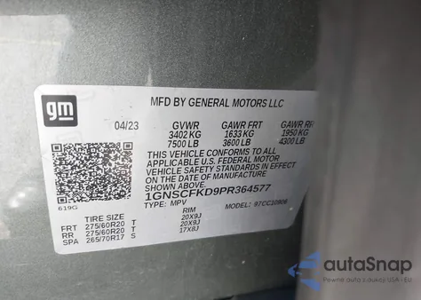 2023 Chevrolet Suburban 2Wd Premier z USA, uszkodzony, nr VIN 1GNSCFKD9PR364577